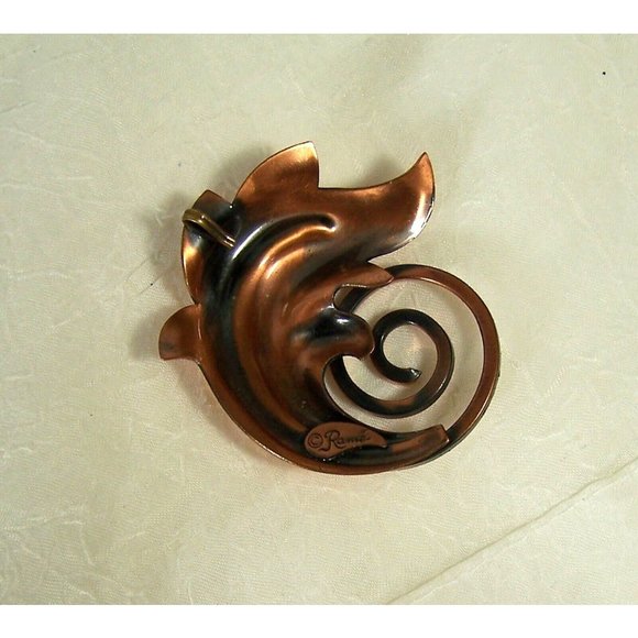 Rame' Copper Leaf Pendant Coil Swirl Artist Signed MCM Mid Century Modernist 2" - Picture 4 of 4